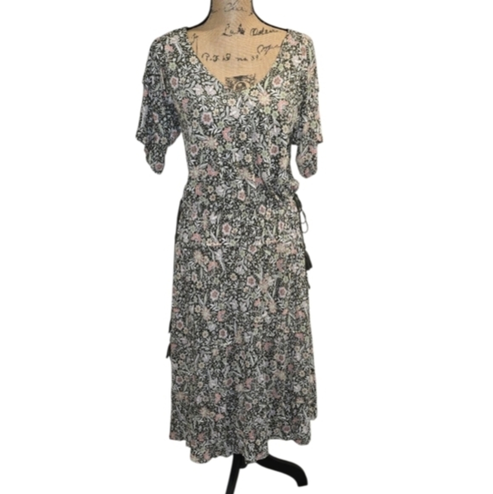 J. Jill Floral V-Neck Midi‎ Dress Tassel Side Ties Olive Green Pink Short Sleeve